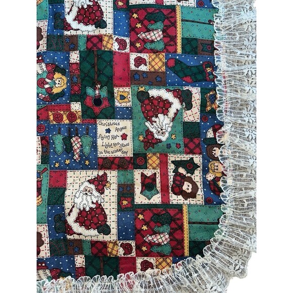 Vintage Patchwork Christmas Tree Skirt Lace Trim Country Primitive Decor - Picture 7 of 16